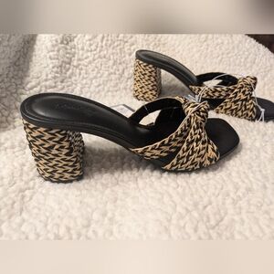 Woven Knot Block Heel Mules - Black & Natural